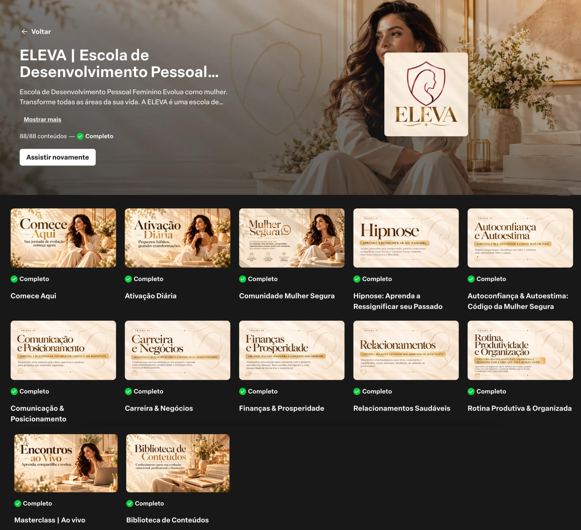 Área de membros da ELEVA mostrando as 7 trilhas de desenvolvimento, a biblioteca de conteúdos e a comunidade